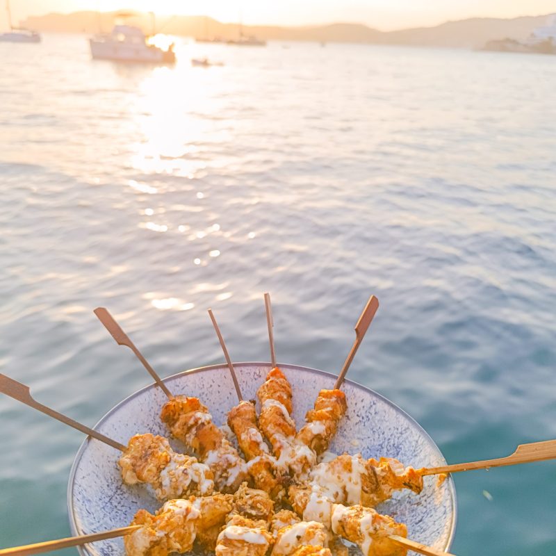 Skewers served at sunset during sailing Palma de Mallorca