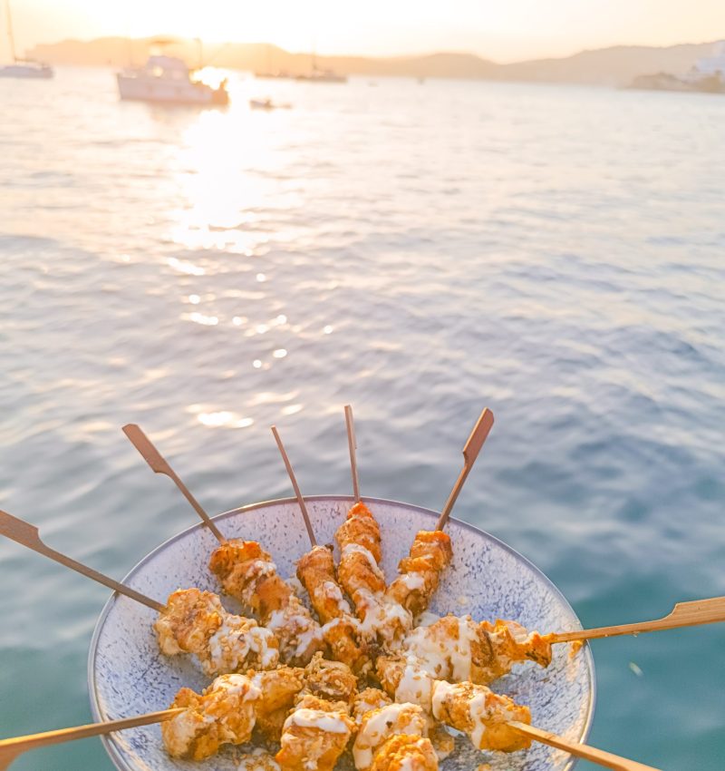 Skewers served at sunset during sailing Palma de Mallorca
