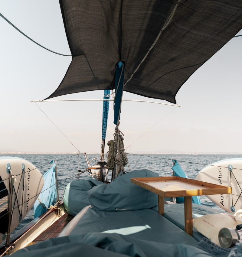 Shaded relaxation area on deck during sailing Palma de Mallorca