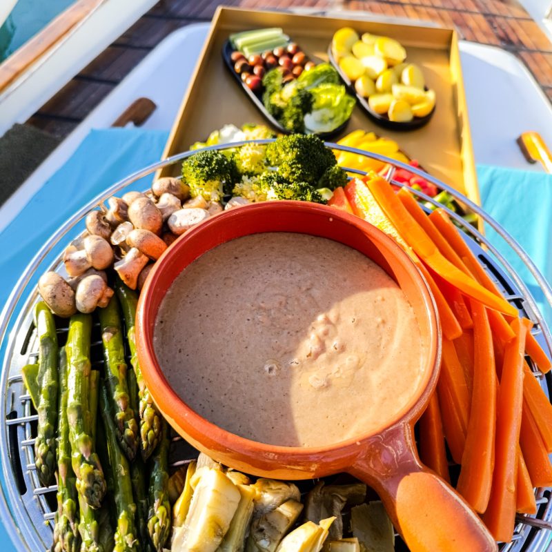 Fresh vegetables and dip platter during a private boat tour Mallorca