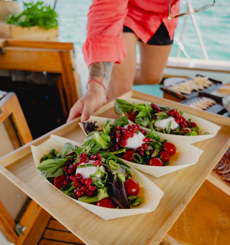 Healthy gourmet lunch prepared on board a sailboat